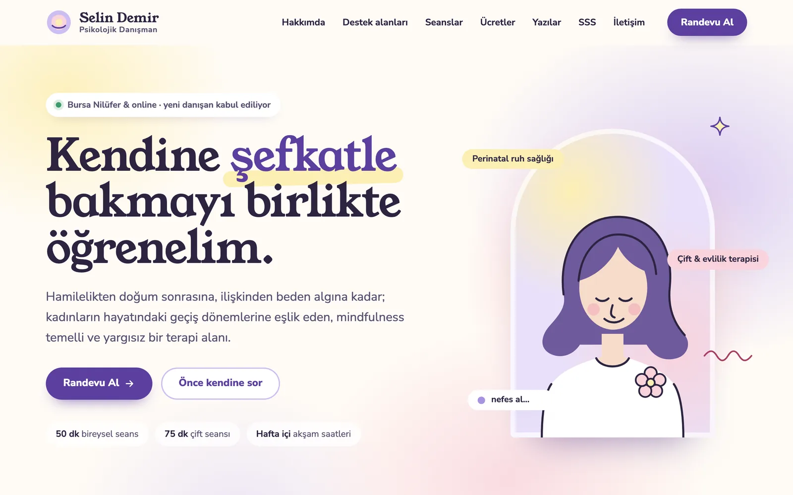 Psk. Dan. Selin Demir demo sitesinin ana sayfası: pastel lila tonlarda kemer içinde portre illüstrasyonu